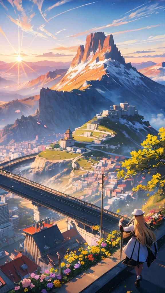 (best quality：1.4)，（Best results：1.4），（Ultra-clear picture quality：1.4），（Ultra-sharp details：1.2）,Summer solstice poster，summer，highway，Sunlight，Bright，hillside，Flowers，Distant Mountains，Skyline，Blue sky