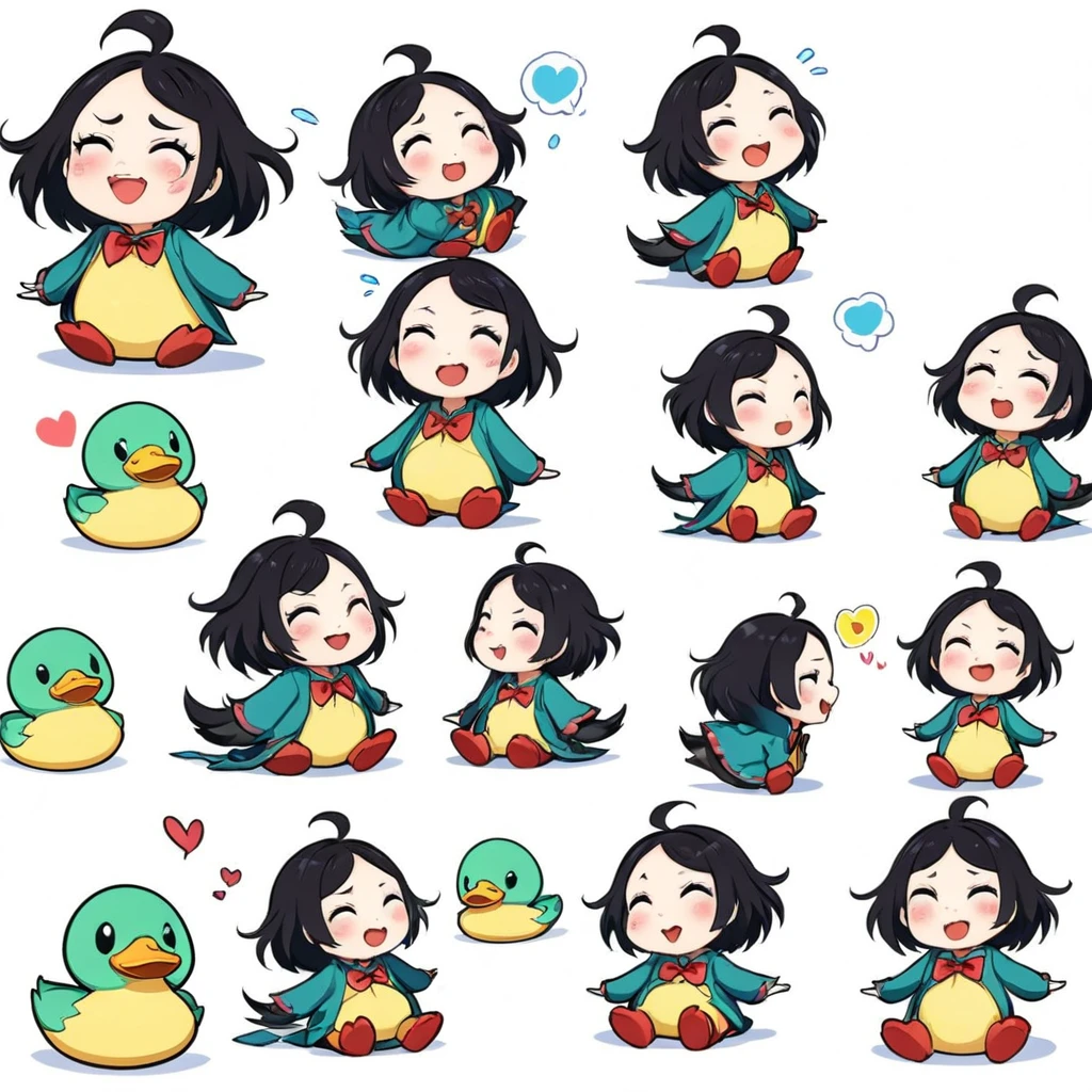 A lovely , screenshot, mori kei, duckcore plush doll art, exaggerated poses, happy, cute, expecting, laughing,
disappointed, exaggerated movements, various expressions and movements, sticker art design, white background, style cute