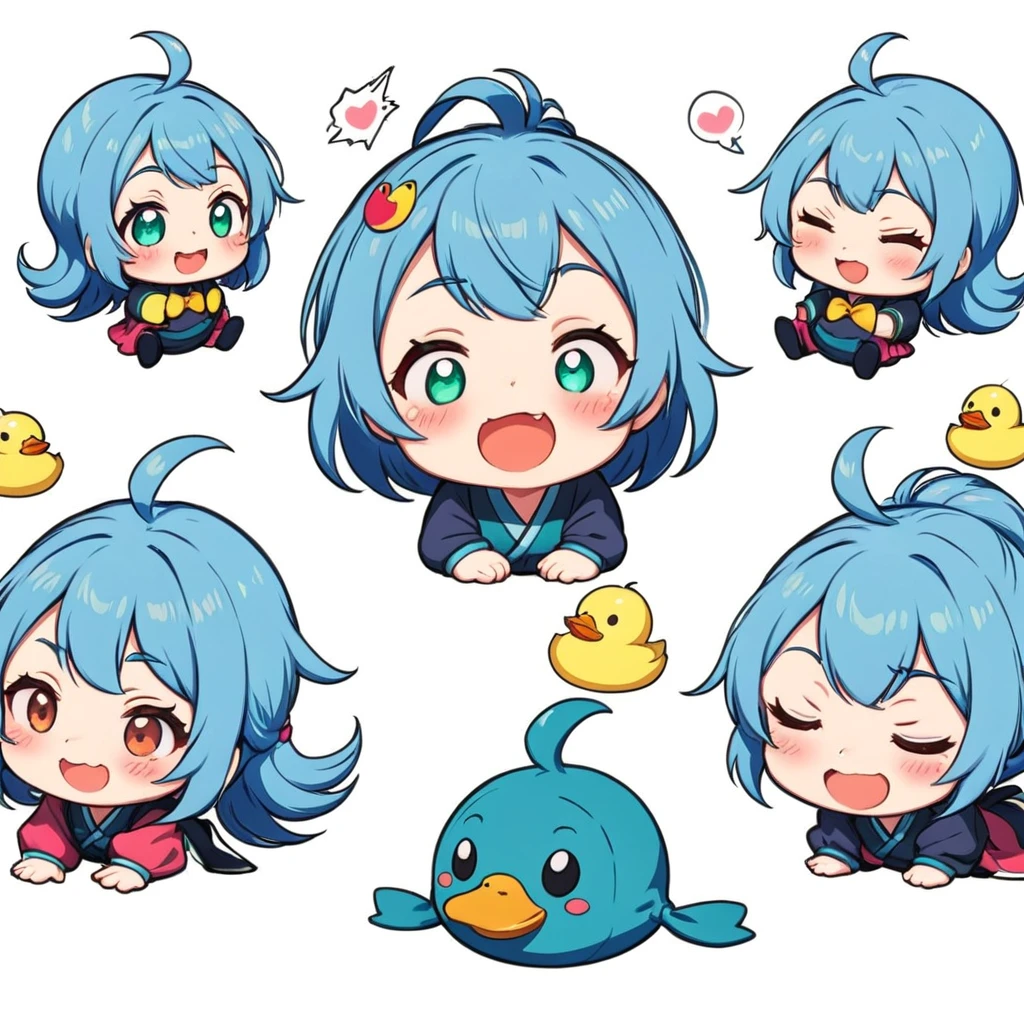 A lovely , screenshot, mori kei, duckcore plush doll art, exaggerated poses, happy, cute, expecting, laughing,
disappointed, exaggerated movements, various expressions and movements, sticker art design, white background, style cute