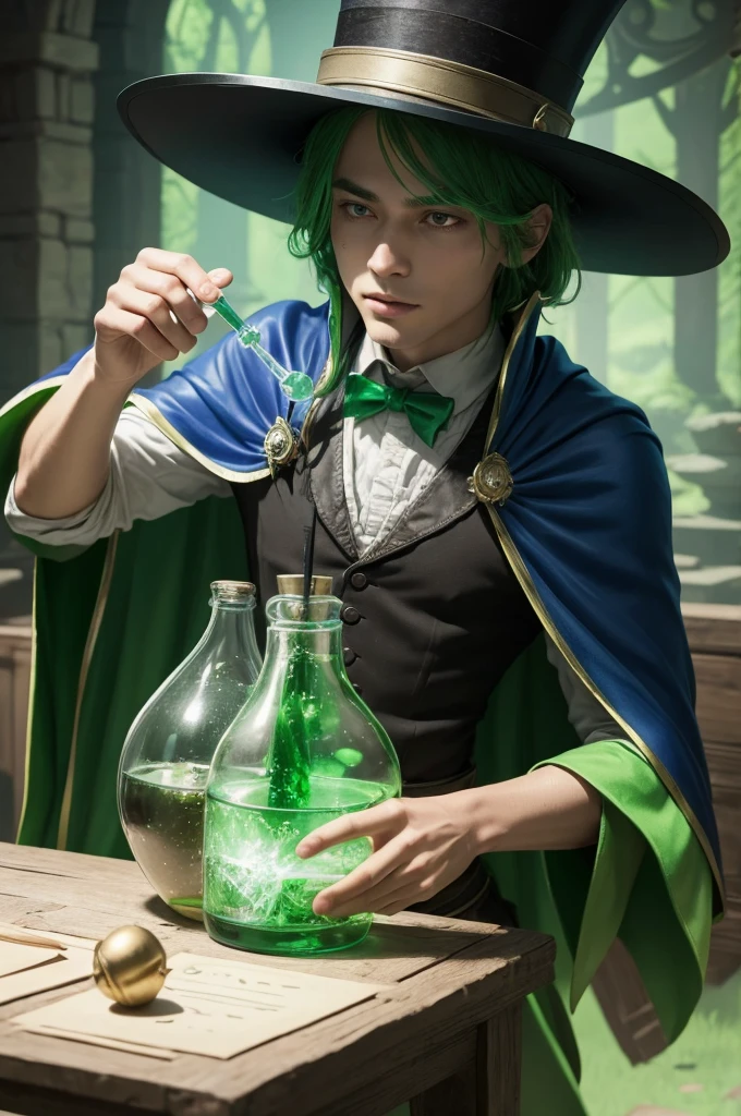 Wizard with a mysterious appearance making potions with 7 magic bottles wearing a top hat and green cape