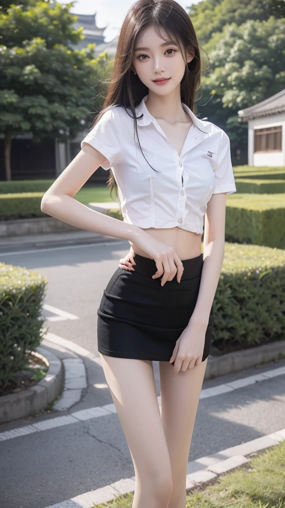 RAW, masterpiece, best quality, extremely detailed, 8k, HDR, photorealistic, intricate, (A skinny Korean girl), (straight hair), (extremely-slim body), (narrow and small hips:1.3), (extremely-white pale-porcelain skin), smile, standing, outdoors, wearing a (short sleeves shirt that is fully opened revealing bra) and (black extremely-short microskirt:1.4), (close-up picture) 