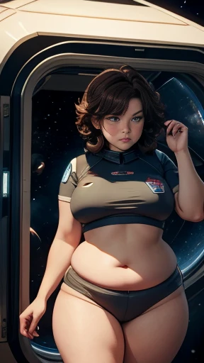 Brown hair, out of shape body, medium breast, round wide hips, fat chubby waist, solo, SPACE pilot costume, looks at the viewer in space, spaceship cabin, short frazzled hair, blushing, determination., 8 thousand., Extreme detail,