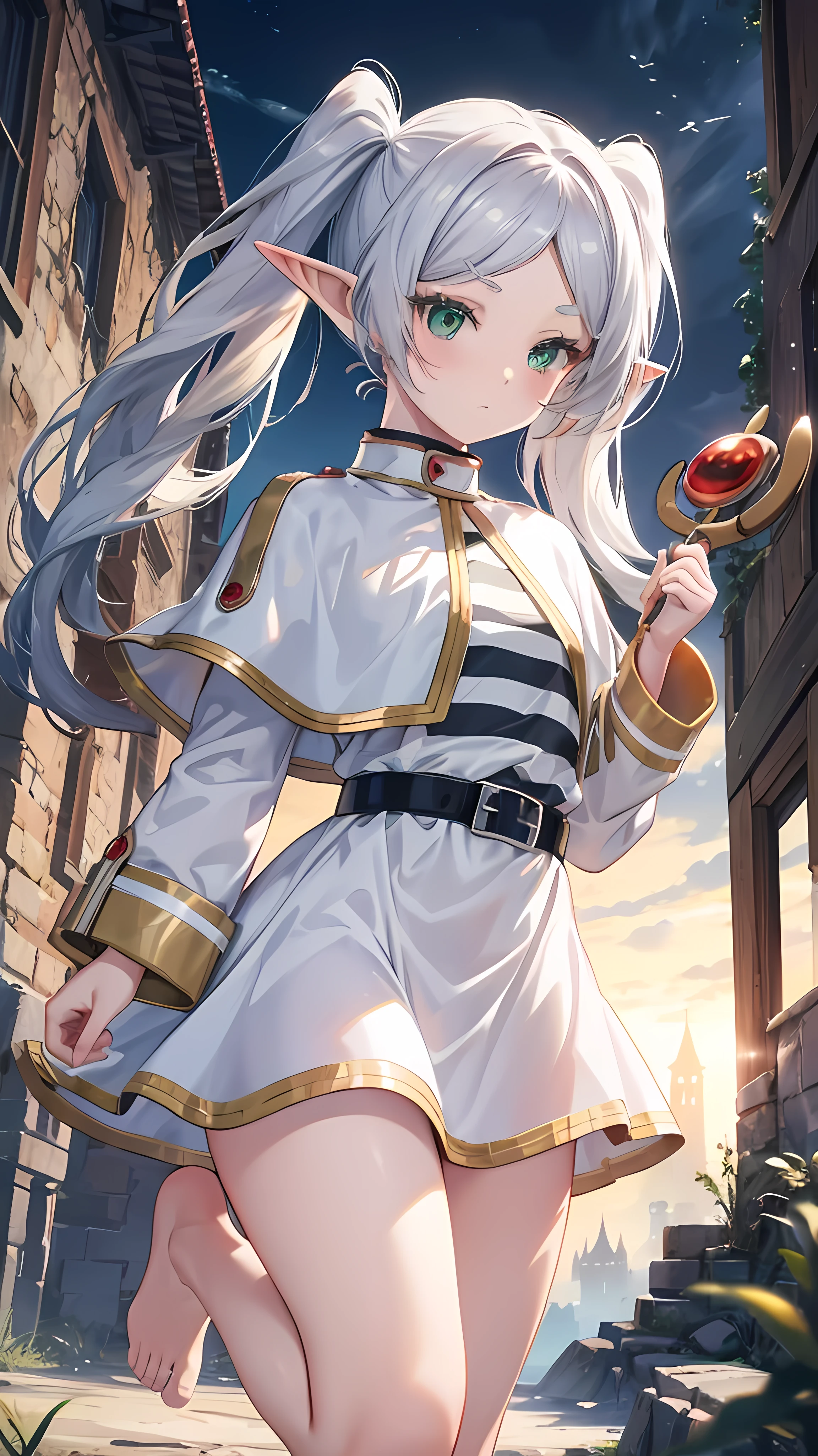 8k, high quality, High resolution, Realistic, Attention to detail, Highly detailed face, ((masterpiece)),
((Freeze Base)), beautiful girl, (Flat Body), Fairy, Pointed Ears, Gray Hair, (Long twin tails), Green Eyes, staff,
White Capelet, Striped shirt, White Skirt, Long sleeve, belt,  White Cape, magic, magic circle, (Shabby ruins), Medieval village, Attractive pose,Hold the spellbook and cast magic、Thighs、barefoot、pants、underwear、Half naked