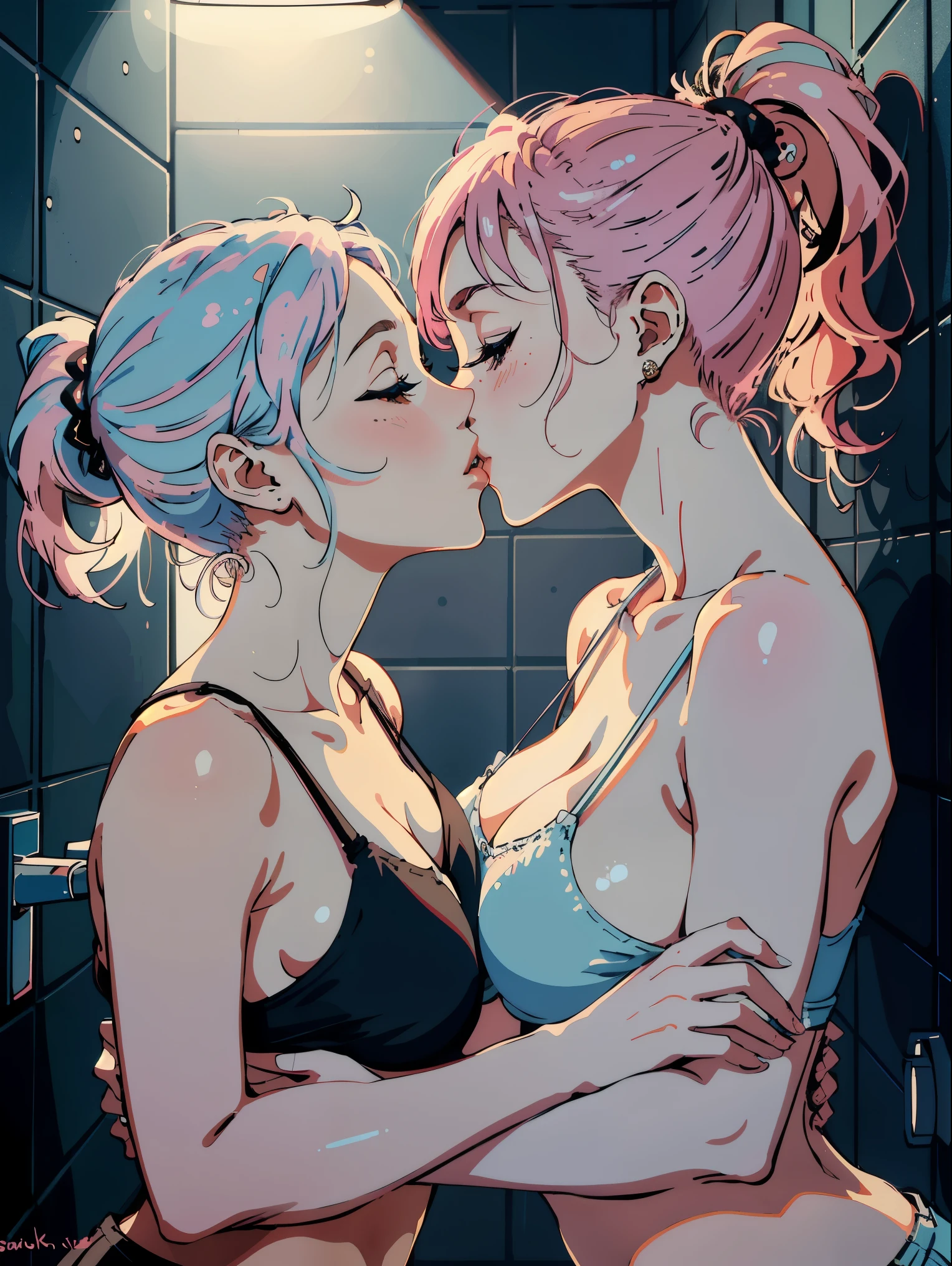 masterpiece, top-quality, Hi-Res, (((2girls))), ((Yuri)), ((the kiss:1.4)), (French Kissing), red blush:0.2, closed her eyes:0.5, (tongue), (Saliva), ((Touch)), hand on the breasts, (pink brassiere), Light Blue Bra, (Pink hair), (Light blue hair), long eyelashes, (The voluminous lips), lips simple, (Big eyes with double eyelids), ponytail, Ear-piercing, round and big buttocks, (Pointed bust top), Shower on the wall, Shower room, steam, Accurate drawing, Elaborate illustrations, Detailed drawing, Anatomy of the human body, Perfect picture, Perfect Beautiful Girl, upper body shot