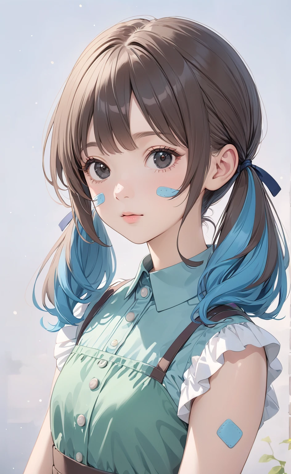 There are lots of dark brown band-aids on his face.、Blue long hair、Anime girl with twin tails hair, black eyes and green dress, ライトBlue long hairのpretty girl,Cute realistic portrait, pretty girl, Anime Moe Art Style, 