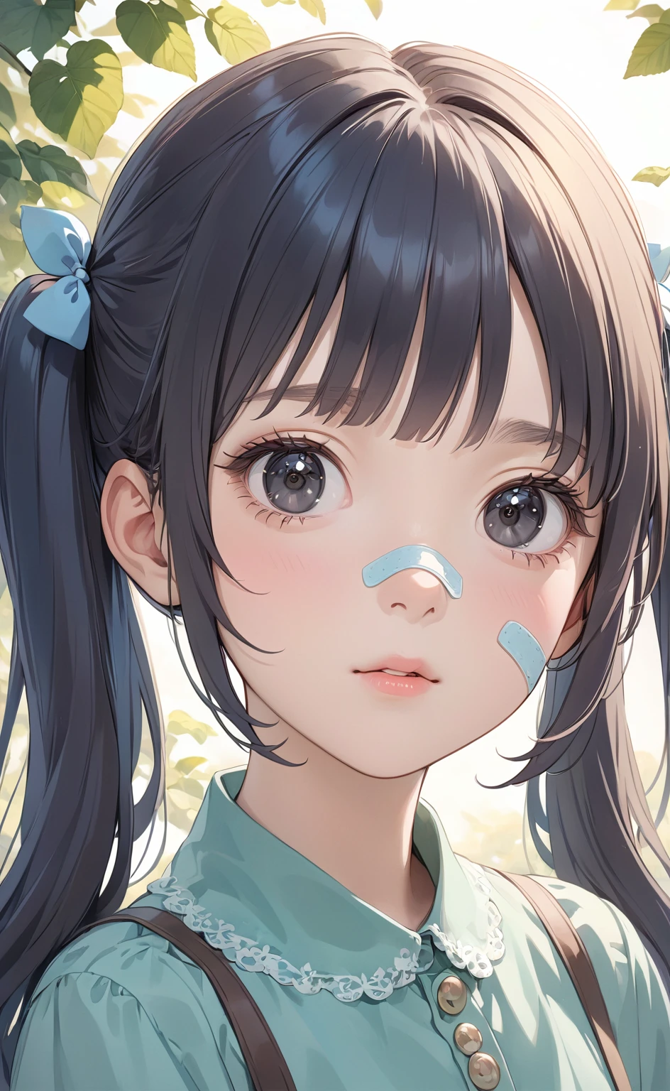 There are lots of dark brown band-aids on his face.、Blue long hair、Anime girl with twin tails hair, black eyes and green dress, ライトBlue long hairのpretty girl,Cute realistic portrait, pretty girl, Anime Moe Art Style, 