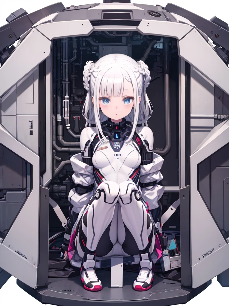 One Girl、Packaged in a transparent box、Fetal position、A sheltered girl、Futuristic Suit、cyborg、White Hair、Braid、