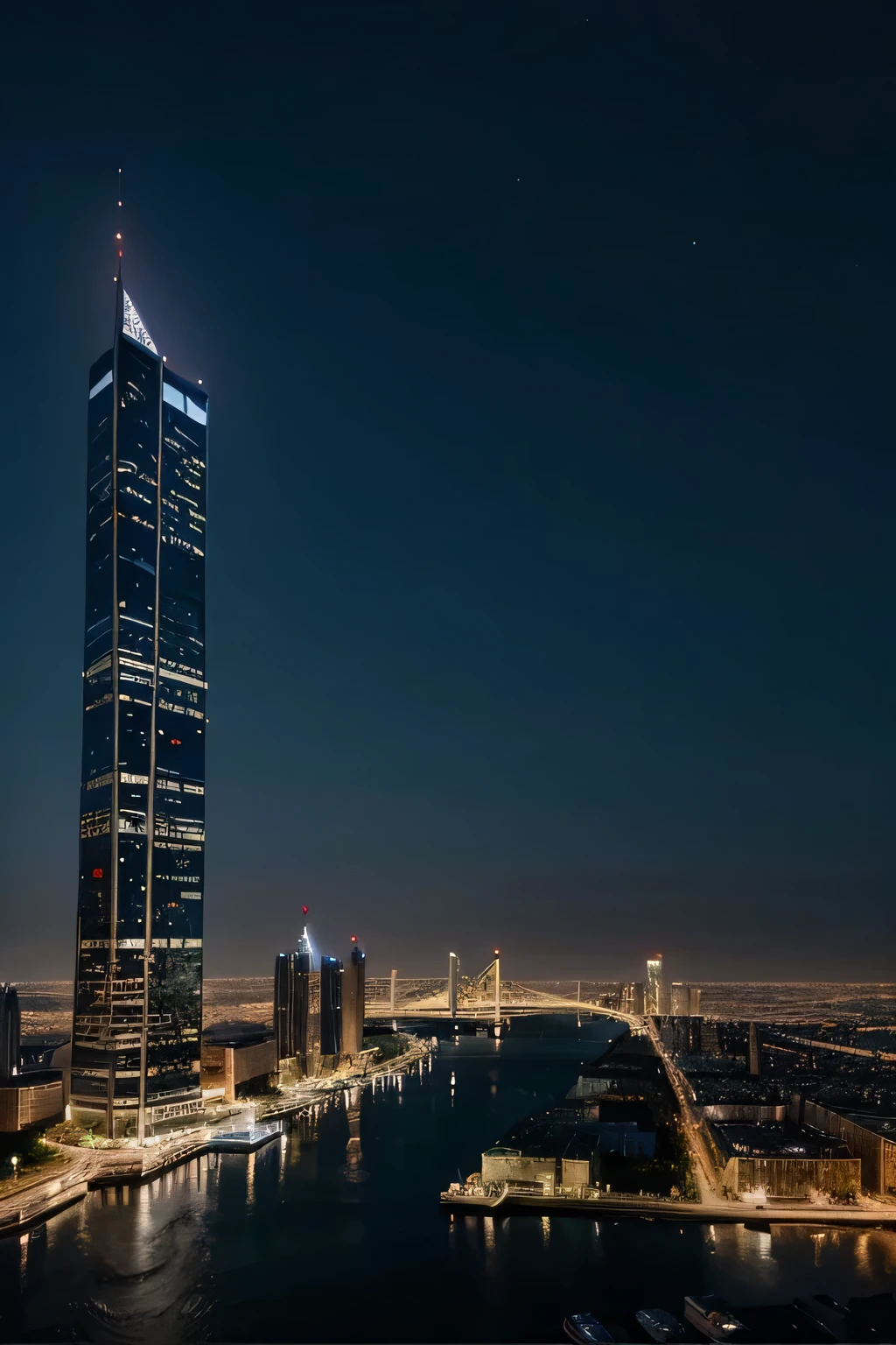 Draw me a horizontal picture of a city containing many tall and large buildings, depict it realistically and beautifully, at night 
