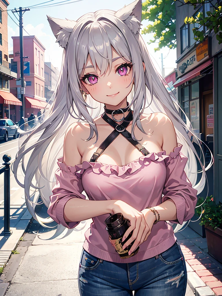 Highly detailed face,fine grain,Waterfront,Highlighted eyes, medium breasts ,pretty girl,smile,Cat ear,Beautiful silver hair,Pink inside,Beautiful pink eyes,shirt,distressed jeans, shiny skin, beautiful shadow
