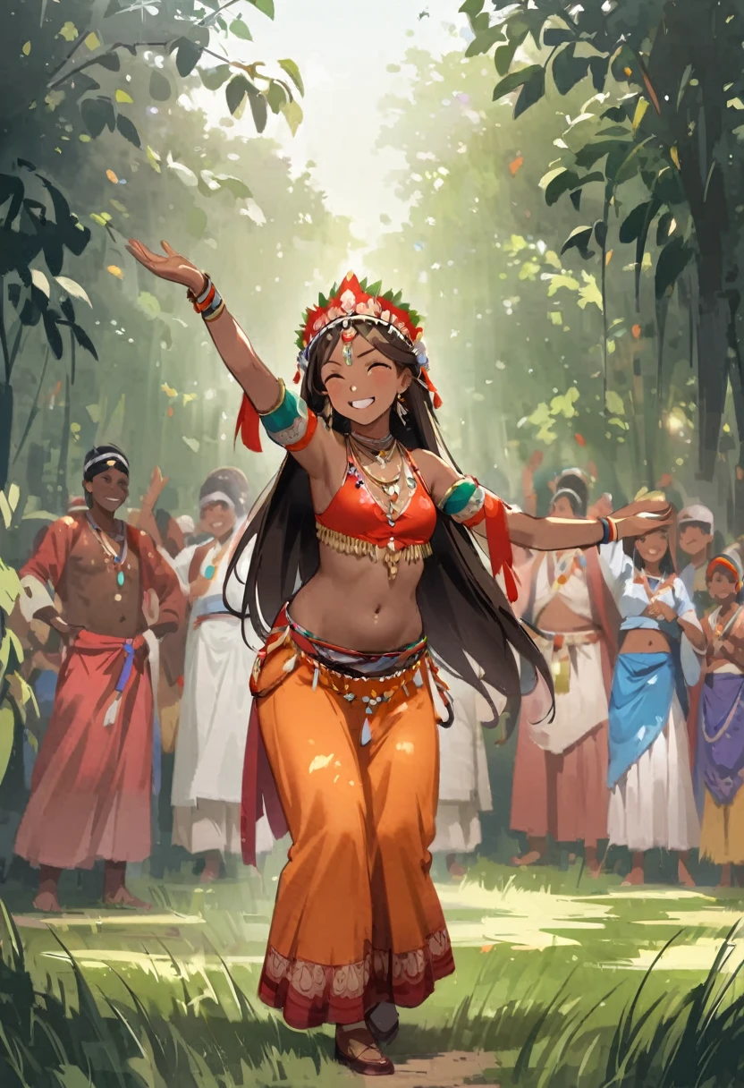 In the jungle、grassland、Amazoness、Girl、Girl、Indian、Eyes open、National costume、Brown skin、Small breasts、Butt、Thighs、dance、belly button、Spectators、sunlight、pants、smile、Healthy Skin、Black
