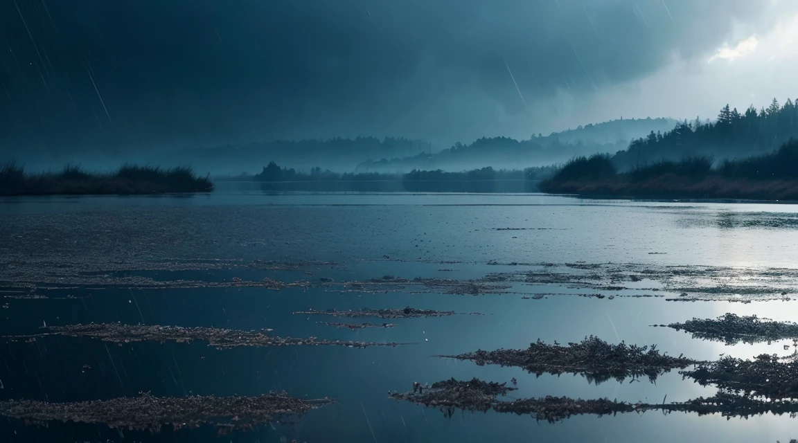 A lot of rain falling on the mirror-like surface of the water, several ripples on the surface of the water, it keeps falling, (Photographic, Best Quality, High Quality, Highres:1.4), Detail, Highly Detailed, Ambient Soft Lighting, 4K, Background, Field of View Depth,