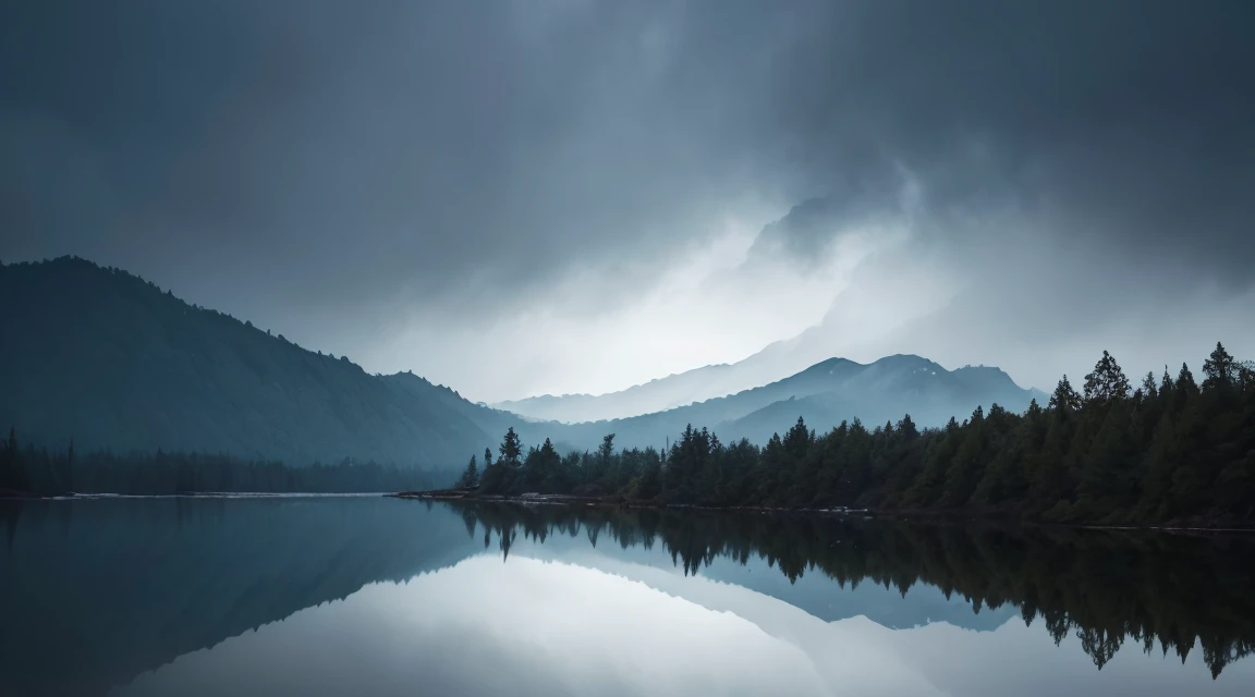 A lot of rain falling on the mirror-like surface of the water, several ripples on the surface of the water, it keeps falling, (Photographic, Best Quality, High Quality, Highres:1.4), Detail, Highly Detailed, Ambient Soft Lighting, 4K, Background, Field of View Depth,