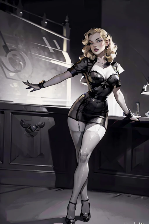 (glamour pose), pinup, filmnoir1944, 1940s style,(monochrome).(rule of thirds),((hyper-realistic illustration:1.4)) Beautiful 21 yo woman, blonde, 1940s fashion, mascara, lipstick, ((lingerie)), stockings, high heels. dark mood, single light source, wide angle shot, dark city, film grain. Masterpiece, best quality(highly detailed:1.2),(detailed face and eyes:1.2), depth of field, 8k wallpaper, natural lighting, core shadows, high contrast, bokeh.