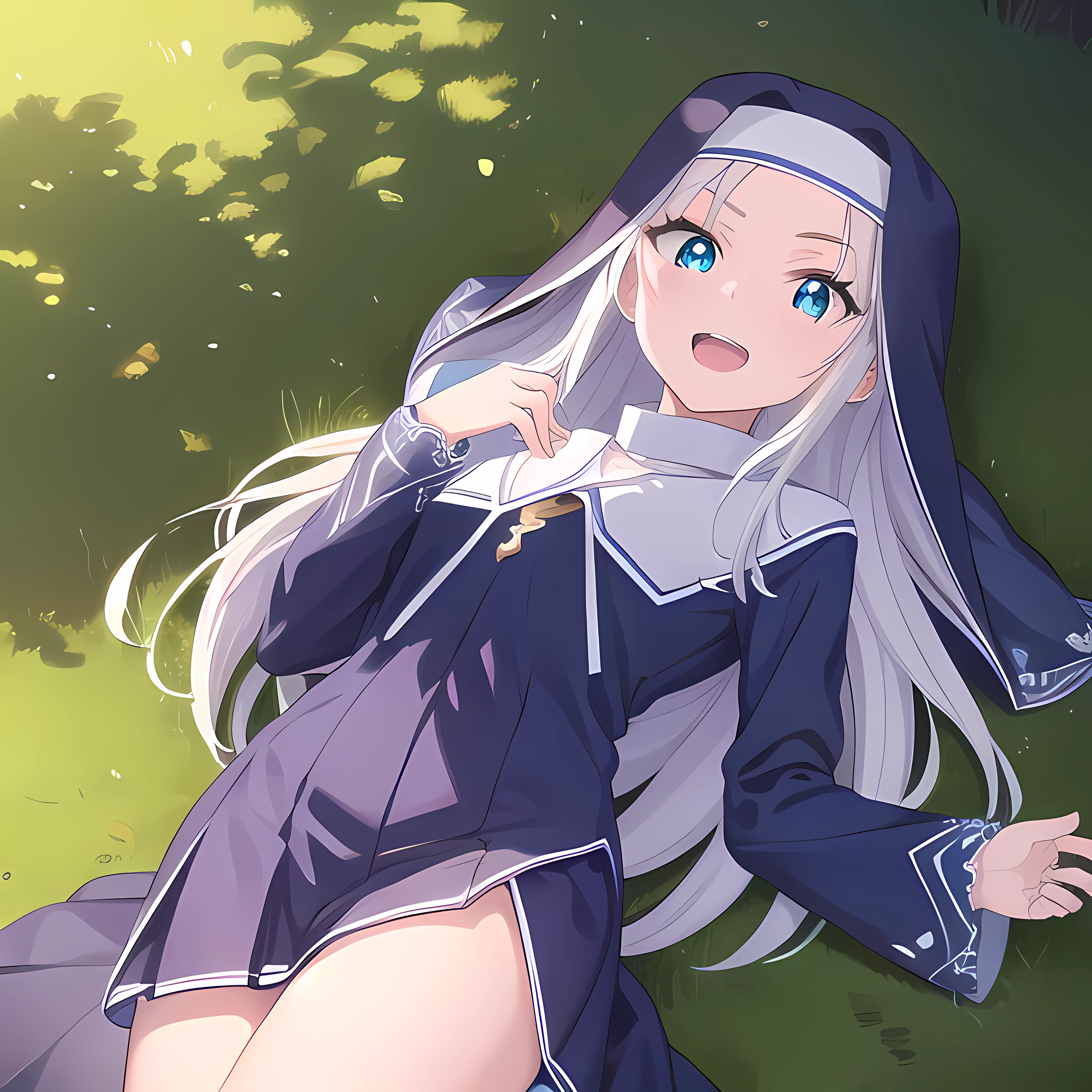 mariatakayama, maria takayama, long hair, blue eyes, fang, aqua eyes, smile, open mouth, seventeen years old
BREAK jewelry, heart, necklace, nun, habit, white short skirt
BREAK outdoors, lying on the ground
BREAK looking at viewer, (cowboy shot:1.5),
BREAK (masterpiece:1.2), best quality, high resolution, unity 8k wallpaper, (illustration:0.8), (beautiful detailed eyes:1.6), extremely detailed face, perfect lighting, extremely detailed CG, (perfect hands, perfect anatomy),