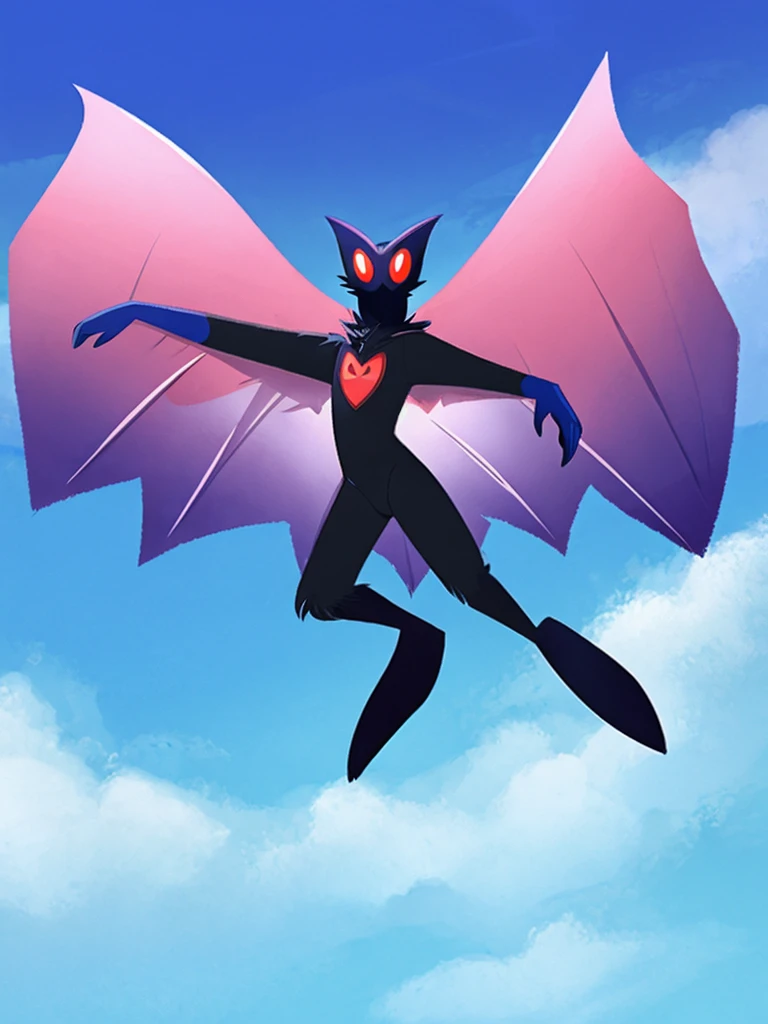 Mothman, cryptid, cute, flying over the woods, blue pink and white sky, blue pink and white color scheme, solo, cartoon,