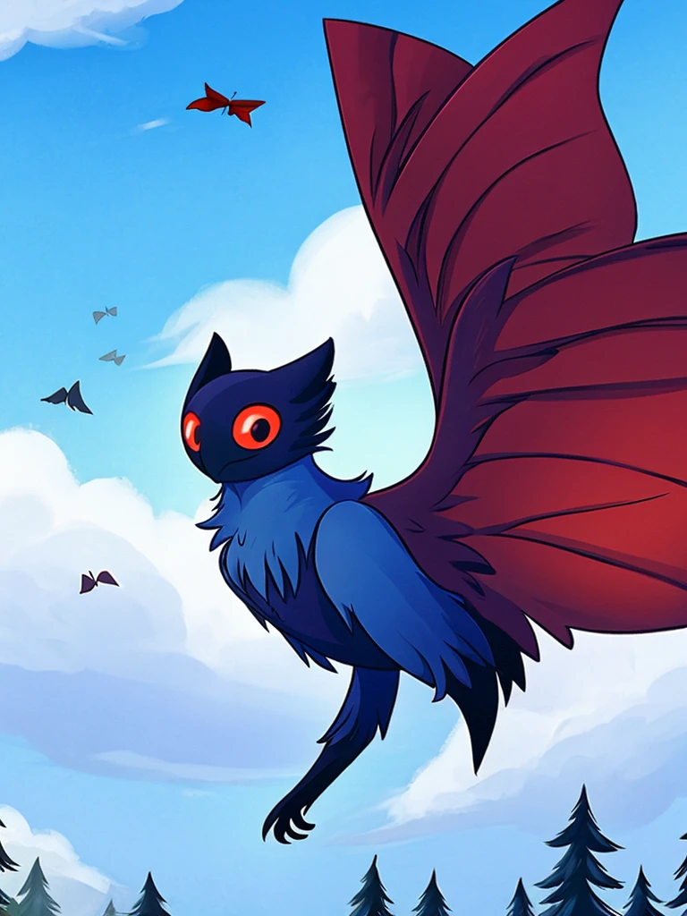 Mothman, cryptid, cute, flying over the woods, blue pink and white sky, blue pink and white color scheme, solo, cartoon,