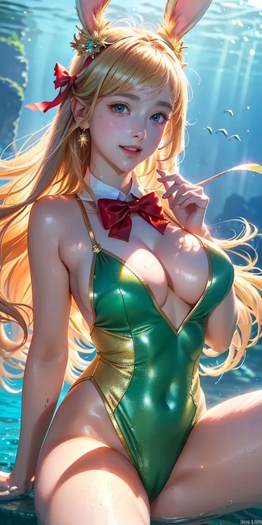 masterpiece, best quality, extremely detailed CG unity 8k wallpaper,((Upper Body)) ,((Upper Body head close-up shot of a beautiful )), , Elegant Long straight blonde hair, (Mckenna Grace), ((gigantic breasts,thighs,)), (red:green) golden (Glittering tutu,long Bunny Ear Headgear, , Bow-tie, No panties, genitals visible), ((spread legs)),(), (Blush), wet skin, (seductive smile), (Underwater World), pretty face, key art, award winning, intricate detail realism hdr, by (ruan jia and artgerm and range murata), Photorealism, Hyperrealism, ultra realistic, dramatic light, intense shadows, gorgeous view, depth of field