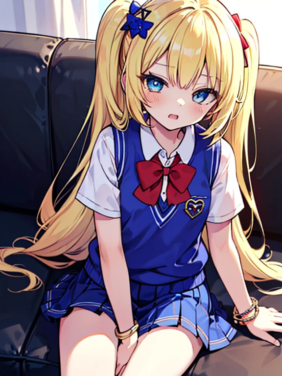 ((super masterpiece)) .((Flat Chest)) .((Super Beauty))、10 year old girl with blonde twin tails. (blonde:1.5)、Her S is very small. Her eyes are blue、(school uniform:1.3), (She is wearing a navy blue vest over a white collared shirt.:1.4), (Hidden sweater, Wear a sweater:1.3), (Red Bow:1.4), (Checkered pleated skirt:1.3), ((Colorful Bracelets,Heart Hair Ornament):1.2),happiness、Open your mouth、Wind, Gentle Wind, happiness, concentrated, Cute Hair Accessories、An innocent and cute sleeping face、avert your eyes、Roll up your skirt、Taking a nap、(Local Order)、(Cute and provocative face)、Beautiful Eyes、(Troubled face:1.3)、(Cute and teasing)、(Her eyes are the most brilliant sapphire blue in the world.:1.5)