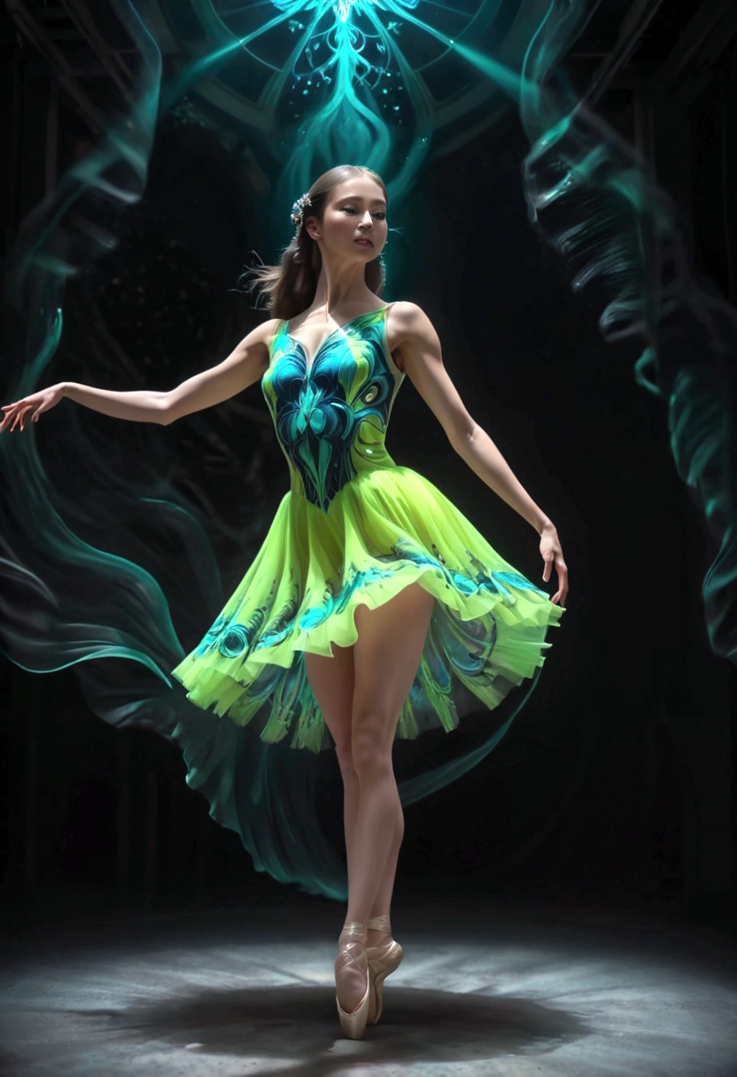 1girl in neon dress, ballet dance, full body, psychedelic, iconic ballet stance, cinematic motion-picture, dark astral background, UHD, 16k