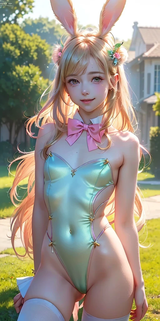 masterpiece, best quality, extremely detailed CG unity 8k wallpaper,((Upper Body)) ,((Upper Body head close-up shot of a beautiful little girl)), , Elegant Long straight blonde hair, (Mckenna Grace), ((flat chest,thighs,Autoluminescence skin)), (pink-green) golden (Glittering tutu,long Bunny Ear Headgear, , Bow-tie, No panties, genitals visible), ((spread legs)),(), (Blush), , (seductive smile), (outdoors), pretty face, key art, award winning, intricate detail realism hdr, by (ruan jia and artgerm and range murata), Photorealism, Hyperrealism, ultra realistic, dramatic light, intense shadows, gorgeous view, depth of field
