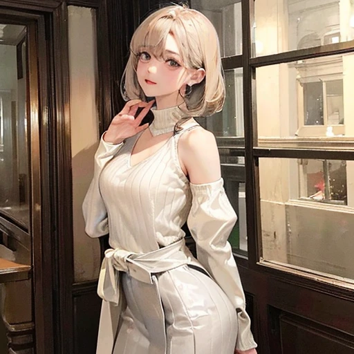 (highest resolution、clear_image)highest quality、woman、masterpiece、very detailed、semi-realistic、light cream hair、short hair、Long neckline、gray eyes、21 years old、shoulder length hair、mature、young、V-neck sweater、exquisite features、Cowboy Shot、Reflection from the waist up
