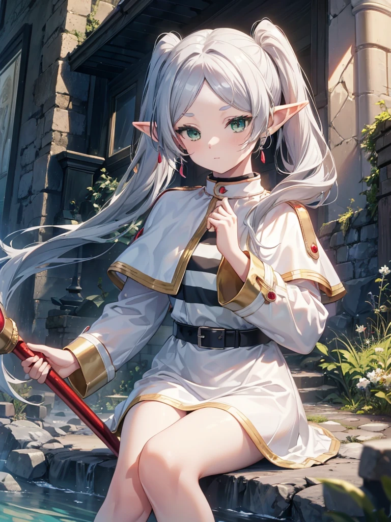 8k, high quality, High resolution, Realistic, Attention to detail, Highly detailed face, ((masterpiece)),
((Freeze Base)), beautiful girl, (Flat Body), Fairy, Pointed Ears, Gray Hair, (Long twin tails), Green Eyes, staff,
White Capelet, Striped shirt, White Skirt, Long sleeve, belt,  White Cape, magic, magic circle, (Shabby ruins), Medieval village, Attractive pose,Hold the spellbook and cast magic、Thighs、barefoot、pants、underwear、Swimwear