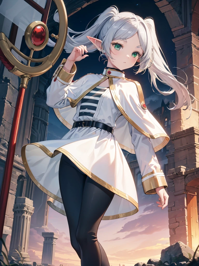 8k, high quality, High resolution, Realistic, Attention to detail, Highly detailed face, ((masterpiece)),
((Freeze Base)), beautiful girl, (Flat Body), Fairy, Pointed Ears, Gray Hair, (Long twin tails), Green Eyes, staff,
White Capelet, Striped shirt, White Skirt, Long sleeve, belt, White Cape, magic, magic circle, (Shabby ruins), Medieval village, Attractive pose,Hold the spellbook and cast magic、Thighs、barefoot、pants、underwear、Swimwear