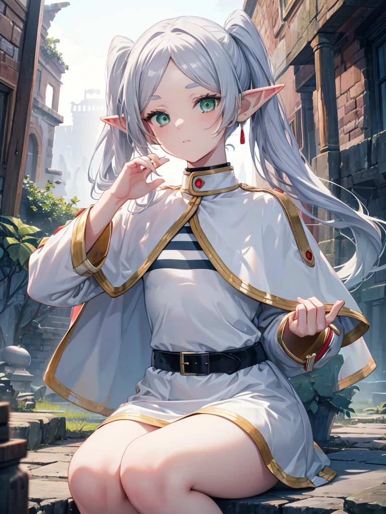 8k, high quality, High resolution, Realistic, Attention to detail, Highly detailed face, ((masterpiece)),
((Freeze Base)), beautiful girl, (Flat Body), Fairy, Pointed Ears, Gray Hair, (Long twin tails), Green Eyes, staff,
White Capelet, Striped shirt, White Skirt, Long sleeve, belt,  White Cape, magic, magic circle, (Shabby ruins), Medieval village, Attractive pose,Hold the spellbook and cast magic、Thighs、barefoot、pants、underwear、Swimwear