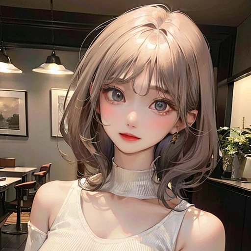 (highest resolution、clear_image)highest quality、woman、masterpiece、very detailed、semi-realistic、light cream hair、short hair、Long neckline、gray eyes、21 years old、shoulder length hair、mature、young、V-neck sweater、exquisite features、Cowboy Shot