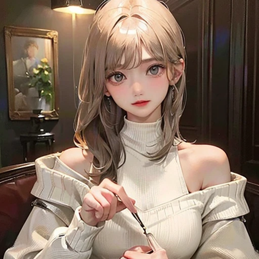(highest resolution、clear_image)highest quality、woman、masterpiece、very detailed、semi-realistic、light cream hair、short hair、Long neckline、gray eyes、21 years old、shoulder length hair、mature、young、V-neck sweater、exquisite features、Cowboy Shot