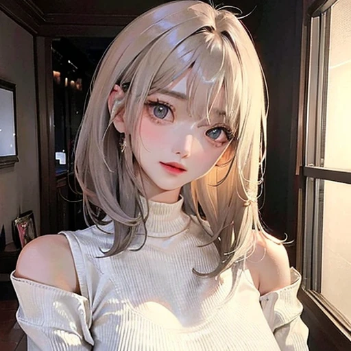 (highest resolution、clear_image)highest quality、woman、masterpiece、very detailed、semi-realistic、light cream hair、short hair、Long neckline、gray eyes、21 years old、shoulder length hair、mature、young、V-neck sweater、exquisite features、Cowboy Shot