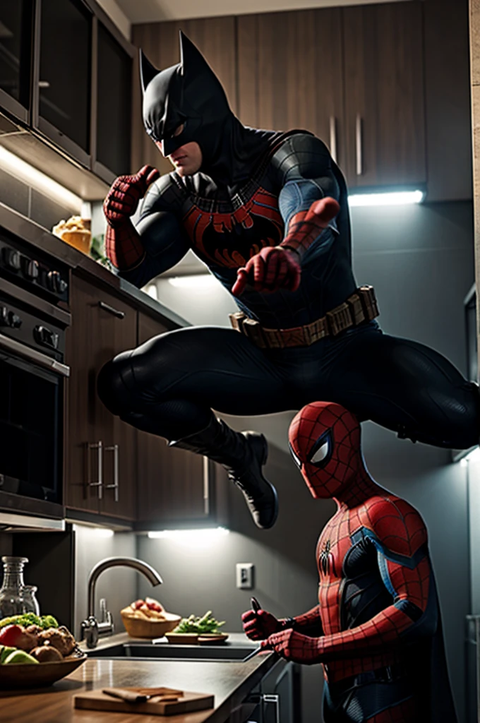 Genera a Batman cocinando con spiderman 