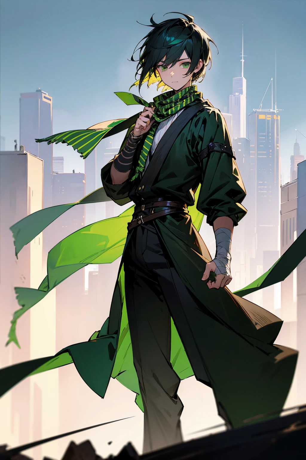 1male, striped hair, short hair, green eyes, green neck scarf, black desert clothing, black pants, white bandages, city background, detailed background, hands to side, standing on path