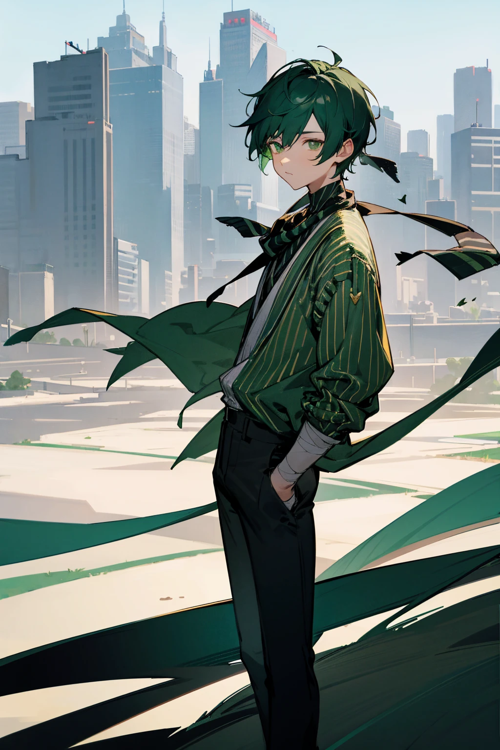 1male, striped hair, short hair, green eyes, green neck scarf, black desert clothing, black pants, white bandages, city background, detailed background, hands to side, standing on path