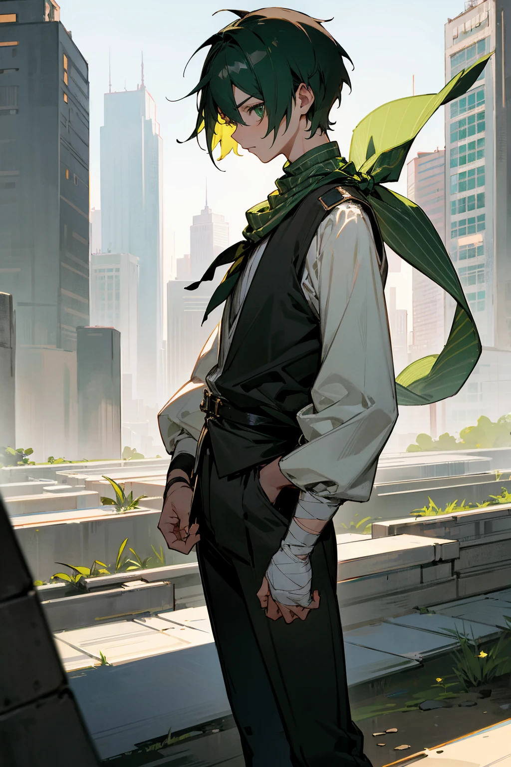 1male, striped hair, short hair, green eyes, green neck scarf, black desert clothing, black pants, white bandages, city background, detailed background, hands to side, standing on path
