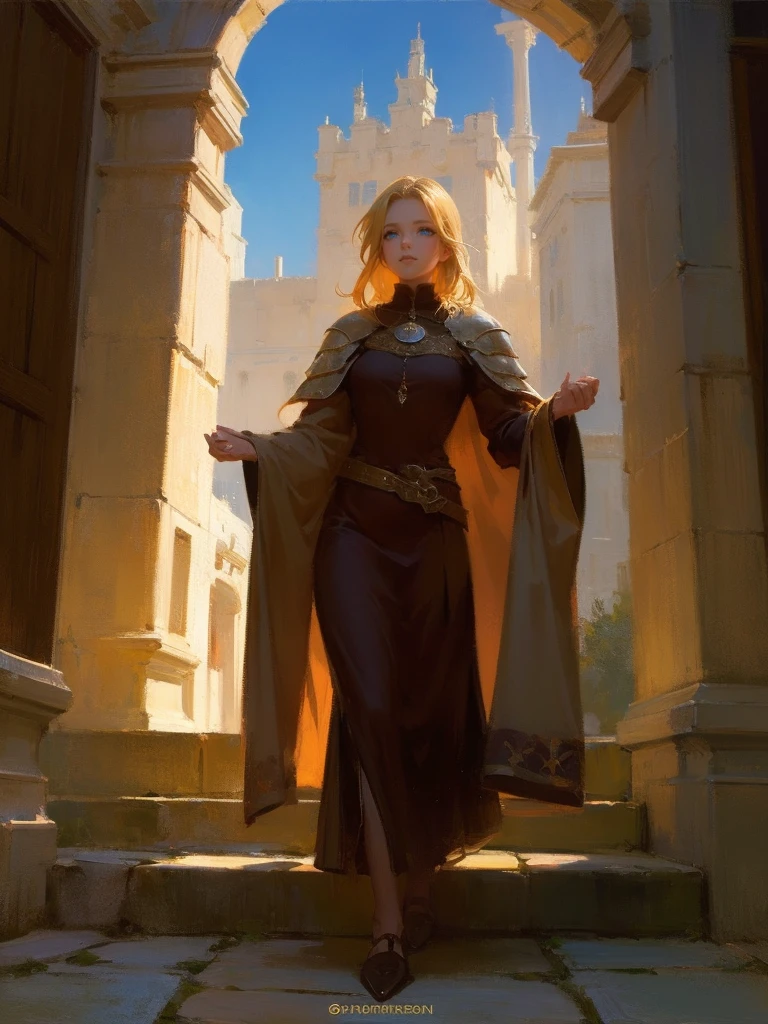 masterpiece, best quality, rpg character art, epic fantasy art style, 1 woman, Emily, 18 year old woman, mature and confident demeanor, full body fantasy concept art, blond hair comes down to her mid-back, crystal blue eyes, high detail, fantasy medieval style clothes (light, simple and plain clothes), attire is modest but feminine, intricate details, ultra high resolution, sharp focus, HD, 8k, clear facial features, clear details, background is a medieval fantasy village