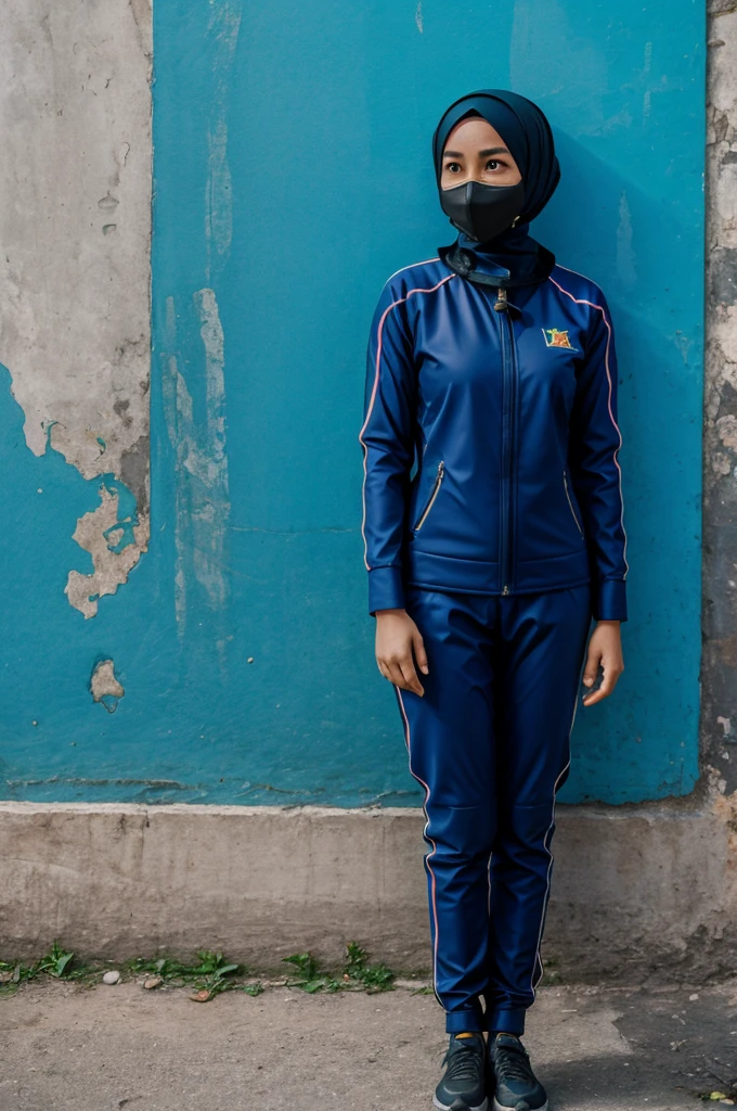 A woman hijab malaysia, school, scuba suit, standing, cuff hand, tape mouth, struggling, plain wall, photography