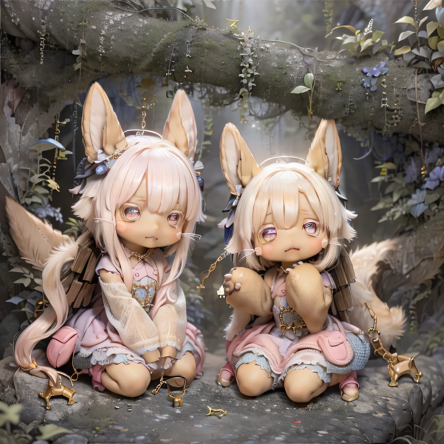 in the garden, Smiling girl, Similar to Nanachi from Made in Abyss. She is beautiful, Beautiful eyes and lips. girl (((Chibi Style,))) . The image quality is of the highest quality, Highly detailed and realistic features. The medium of this work is、Combining illustration and photorealistic rendering.. The colors are vivid、The lighting creates a warm and bright atmosphere。Casual Full Body(((((Cute pink dress)))))Contrasting