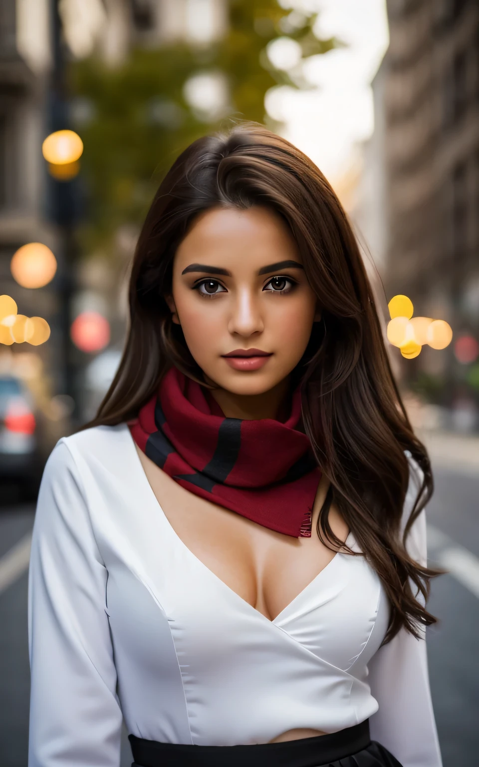 photography of 2 stunning girl, in the city, wearing black skirt, enjoying, girl, summer, hot girl, (((medium bust))), brunette hair, long_hair, looks into the camera, symmetrical face, photorealistic, photography, spectacular lighting,, gorgeous, cleavage, western, (masterpice), best quality, high resolution, extremely detailed, skin with pores, blurred background, depth of field, cinematic lighting, wearing traditional arba scarf