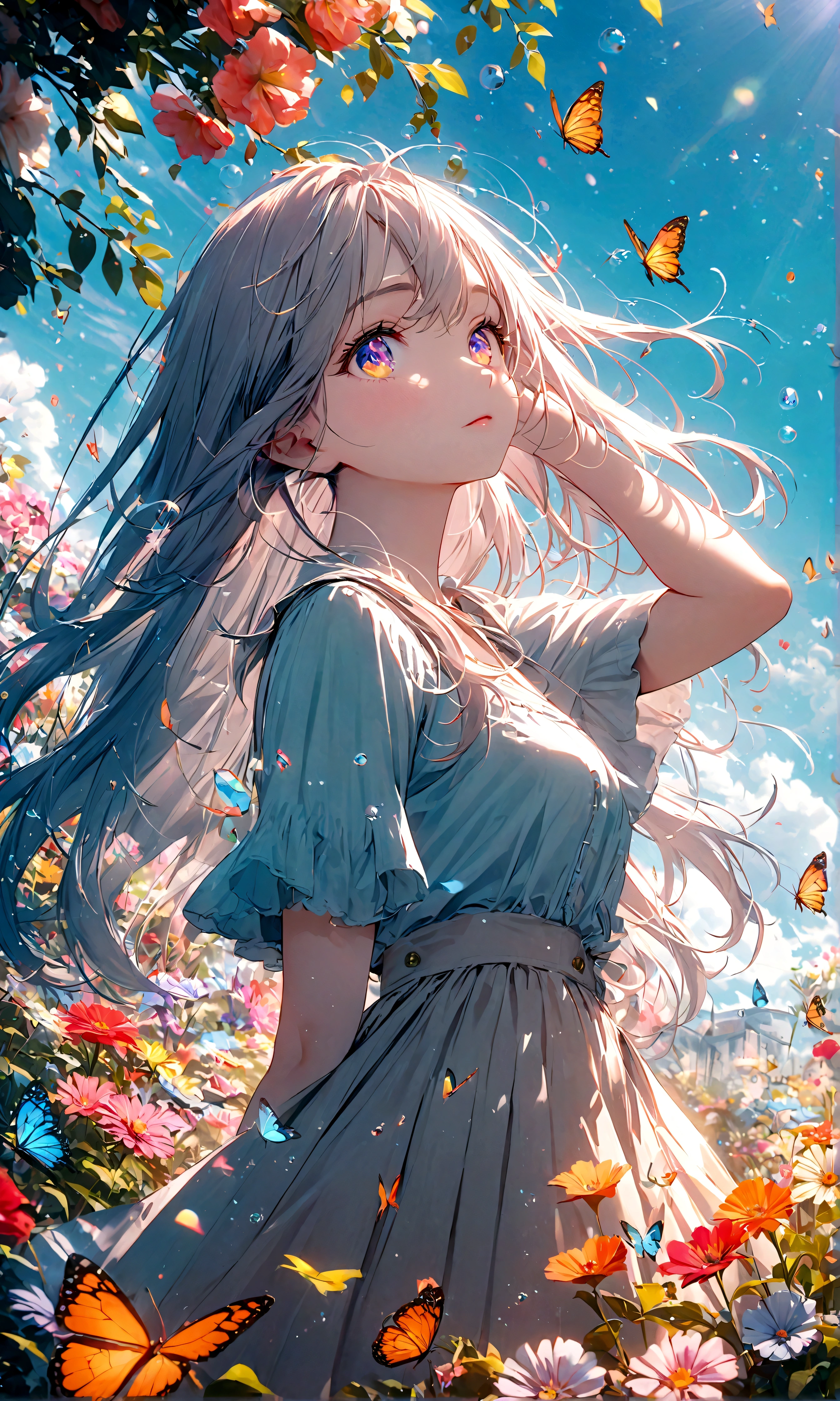 (woman\(student, , JK, Long hair, Colorful eyes, Pale skin，) look up to the sky), (Many butterflies flying in the air), Beautiful sky, Summer，Colorful flowers blooming everywhere, (Bubbles sparkling in the sky) ,quality\(8K,CG Wallpaper, masterpiece,High resolution,top-quality,Surrealism,Improve resolution,RAW photos,Best quality,Very detailed,light,Ray Tracing,Golden Ratio)