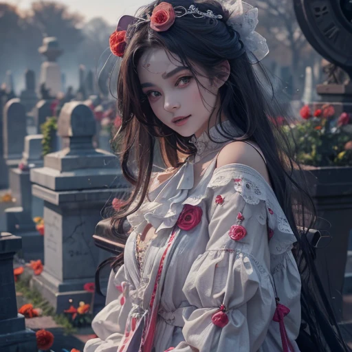 Standing in the grave、Hair flow、 ((highest quality、masterpiece、8k、Best image quality、Ultra-high resolution、Award-winning works)、(Accurate anatomy:1.1)、(Look at me and smile:1.1)、Shining fair skin with Ultra-high resolution、The most detailed face、Ultra-high resolution detailed face、Ultra-high resolutionの髪の毛、(Ultra-high resolution eye:1.1)、Beautiful face drawn in every detail、Cheerful clown costume, Chest to chest, Strange atmosphere, Ghosts flow, Dark Light, At the cemetery, Heavy makeup