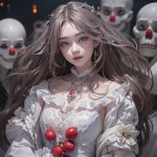 Standing in the grave、Hair flow、 ((highest quality、masterpiece、8k、Best image quality、Ultra-high resolution、Award-winning works)、(Accurate ???????:1.1)、(Look at me and smile:1.1)、Shining fair skin with Ultra-high resolution、The most detailed face、Ultra-high resolution detailed face、Ultra-high resolutionの髪の毛、(Ultra-high resolution eye:1.1)、Beautiful face drawn in every detail、Cheerful clown costume, Chest to chest,  Strange atmosphere, Ghosts flow, Dark Light, At the cemetery, Heavy makeup 