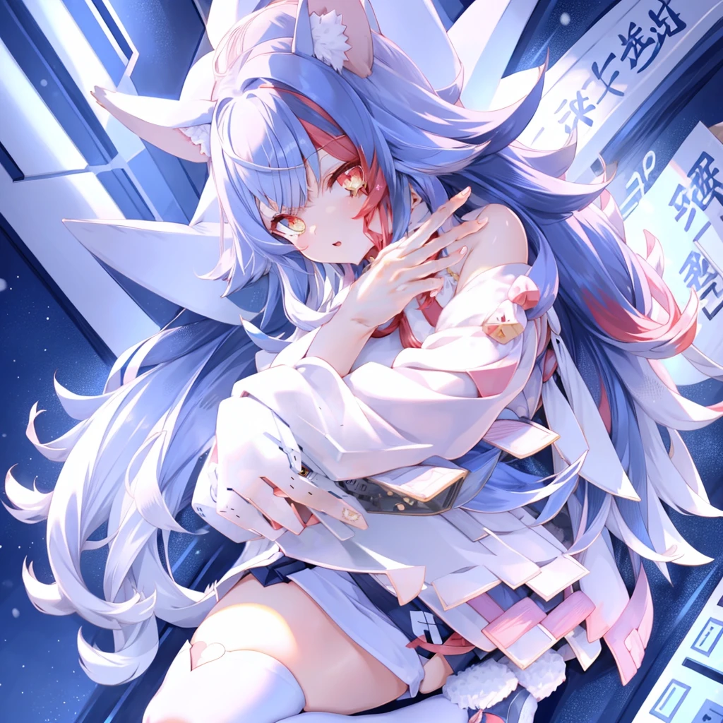 ((Best quality, tmasterpiece)),(origin:1.5)origin,1 Sister,Virtual_Youtuber,full_body,,Alone,Raised your legs,a skirt,Pink_the hair,Lop,_shoulder,through bangs,Pink_knitwear,direct,'s_the sleeve,pelvis_curtain,Virtual_Youtuber,,1 Sister,Shown in_heads,Lop,Lop_cut out,owl shoulder,White stockings,(Lying on the snow:1.2),(china idol:1.2),natta,a pink eyes,Yuki,,(from the above:1.2),light  smile,Barefoot,club,1 Sister, Alone, eBlue eyes, jewely, Blue nails, precious stones, Blue hair, looking at viewert, nail polish, blue gem, through bangs, hand on own face, hair between eye, Blue Themes, sporty attire, bangle, White hair, awas, Eau, awas, ear nipple ring，kneeling down，Spread your legs apart，The details of the eyes are super exquisite，delicated face