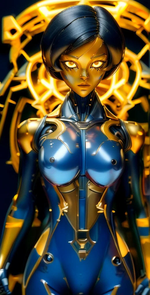 1 girl, solo, (look at viewer), ((Best quality)), ((masterpiece)), (detailed:1.4), ((upper body)), 3D, an image of a beautiful cyberpunk female,HDR (High Dynamic Range), Ray Tracing,NVIDIA RTX,Super-Resolution,Unreal 5,Subsurface scattering,PBR Texturing,Post-processing,Anisotropic Filtering,Depth-of-field,Maximum clarity and sharpness,Multi-layered textures,Albedo and Specular maps,Surface shading,Accurate simulation of light-material interaction,Perfect proportions,Octane Render,Two-tone lighting,Wide aperture,Low ISO,White balance,Rule of thirds,8K RAW, (((yellow eyes))), (((liquid metal black short hair))), AlexTS, (dark skin:1.2), yellow eyes, black hair, short hair, medium breasts, yellow bodysuit, belt, (( gold amor))