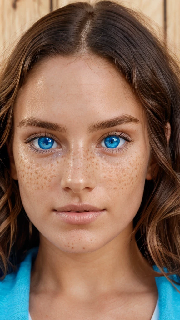 The most beautiful woman, close up of face, perfect skin, symmetrical face, bright blue eyes, wavy hair, perfect face, perfect skin, mild freckels