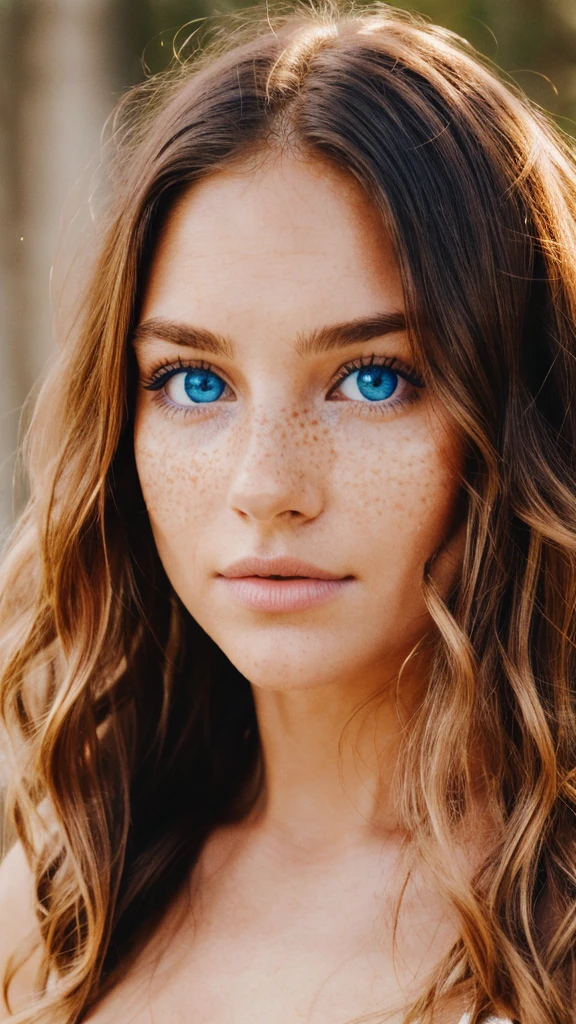 The most beautiful woman, close up of face, perfect skin, symmetrical face, bright blue eyes, wavy hair, perfect face, perfect skin, mild freckels