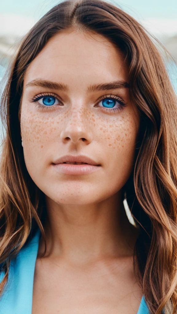 The most beautiful woman, close up of face, perfect skin, symmetrical face, bright blue eyes, wavy hair, perfect face, perfect skin, mild freckels