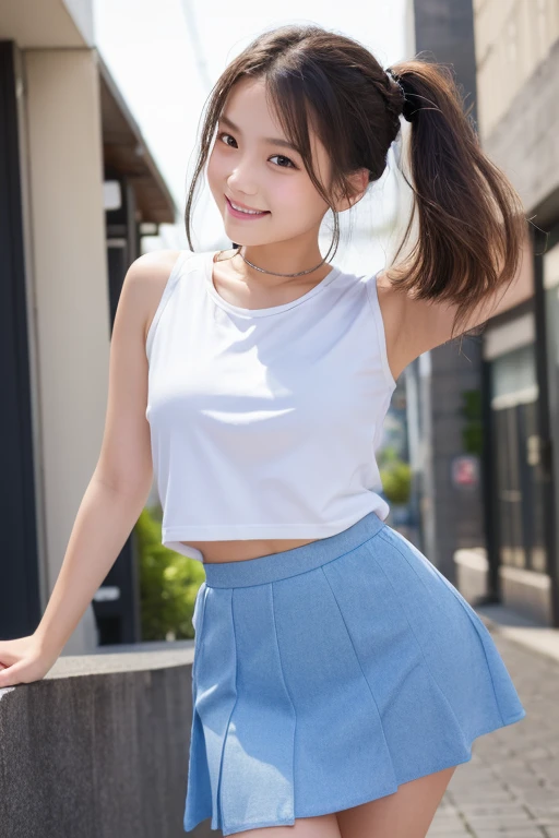 (8k、highest quality、masterpiece:1.2)、(Realistic、Realistic:1.37)、No sleeve、Light blue ribbon、mini skirt、Braided Hair、ponytail、Very detailed、超A high resolution、1 girl、Cheerleader、Beautifully detailed face、Laughter、narrow、(Slim waist) :1.3)、beautifully detailed skin、Skin Texture、Floating Hair、Professional Lighting、Human whole body、ponytail、smile、16 years old、Baby Face、子供っぽいsmile、Sappin'''''''、Moisturizing lips、Pale pink lips、Upper body naked、Lace green underwear、Micro size underwear、Umbilical cord prolapse、D cup breasts、Cleavage、