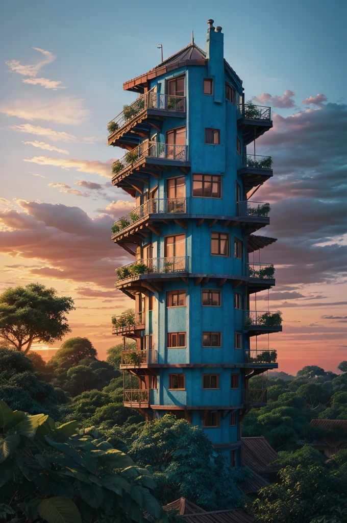 A treehouse so far up that it's mixed with clouds. It has a blue tint and resembles a greenhouse, with lots of windows and some plants growing from it. The sky is a lovely mixture of blue and sunset red., illustration, painting, cinematic