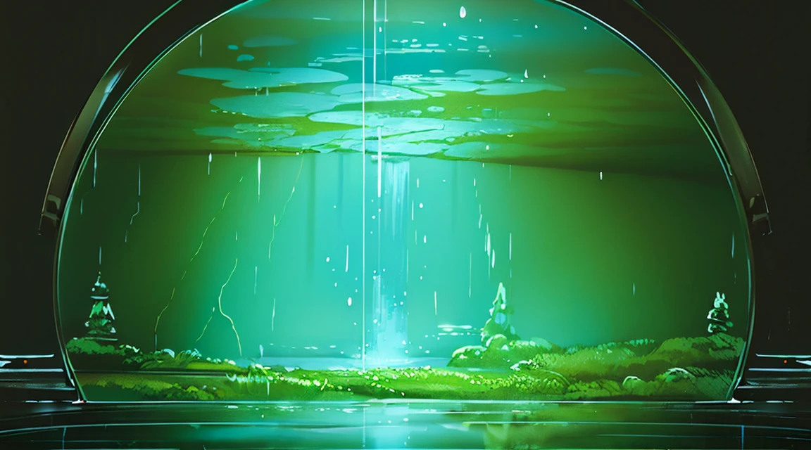 A lot of rain falling on the mirror-like surface of the water, several ripples on the surface of the water, it keeps falling, (Photographic, Best Quality, High Quality, Highres:1.4), Detail, Highly Detailed, Ambient Soft Lighting, 4K, Background, Field of View Depth,